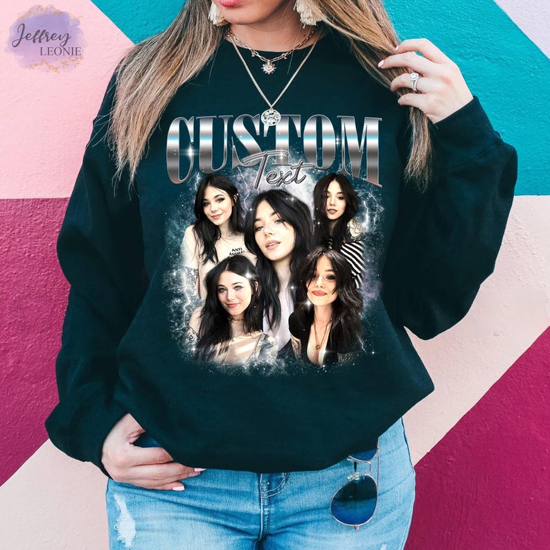 May include: Black sweatshirt with a graphic print of four women with the text "CUSTOM Text" in silver lettering.