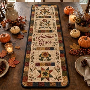 May include: A rectangular fabric table runner featuring a cream-colored center panel with the text Autumn Grace, surrounded by patchwork borders of stars, flowers, and leaves in shades of orange, red, yellow, brown, and green with a black trim.