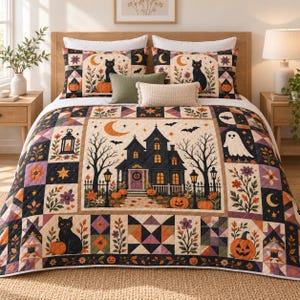 May include: A Halloween-themed quilt set featuring a central haunted house illustration, pumpkins, black cats, ghosts, bats, and crescent moons. The patchwork design includes floral motifs and geometric patterns in orange, purple, and black colors.