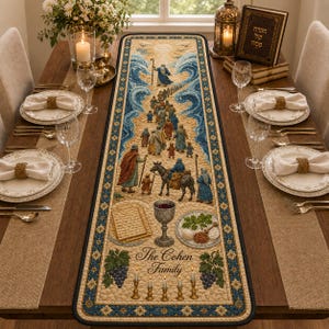 May include: A rectangular table runner featuring a detailed illustration of the parting of the Red Sea, a silver goblet, matzah, and a Seder plate. The text "The Cohen Family" is printed near the bottom, surrounded by grape clusters and candles.