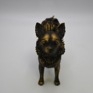 Pu&ograve; includere: Una piccola statuetta di un chihuahua nero e dorato. La statuetta &egrave; in piedi su una superficie bianca.