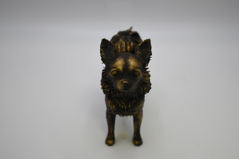 Pu&ograve; includere: Una piccola statuetta di un chihuahua nero e dorato. La statuetta &egrave; in piedi su una superficie bianca.