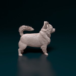 Puede incluir: Una figurita de perro chihuahua blanco de pie sobre una superficie azul oscuro. El perro est&aacute; mirando hacia la derecha y tiene la cola enroscada.
