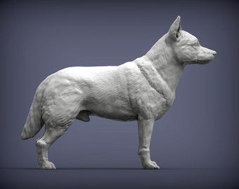 May include: A white 3D printed model of a dog standing on a gray background. The dog is facing to the right and has its head turned to the left. The dog is in a standing position with its legs straight and its tail curled.