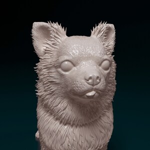 Puede incluir: Una escultura de cer&aacute;mica blanca de un perro chihuahua con un dise&ntilde;o de pelaje texturizado. El perro tiene la lengua fuera y los ojos cerrados.