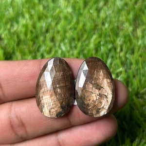 Peut inclure: Deux pierres précieuses facettées en forme de poire avec une surface brun foncé, métallique et réfléchissante. Les pierres présentent une structure interne distincte avec des inclusions linéaires visibles et une taille polie à multiples facettes.