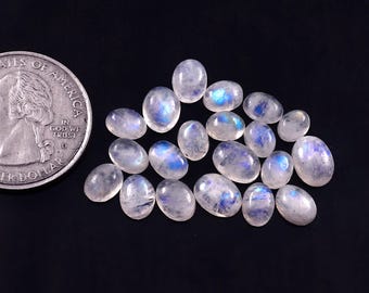 20 Pcs Natural Blue Flashy White RAINBOW MOONSTONE Oval Ring Size Cabochon Loose Gemstone 6x9mm