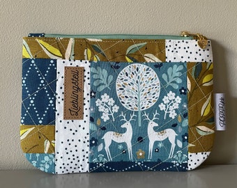 Cosmetic bag / odds and ends pouch, patchwork blue-multicolored with zipper