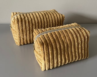 Cosmetic bag made of soft wide corduroy, color: curry, with floral lining / available in 2 sizes