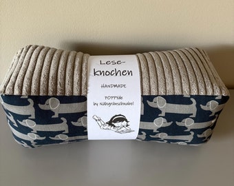 Neck roll / reading pillow made of patterned cotton fabric (dachshund print) and soft wide-wale corduroy, grey