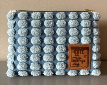 Cosmetic bag/Knick-knack case made of blue synthetic fabric with soft dots made of teddy fabric, 'Favorite Day'