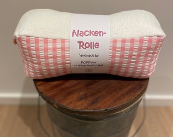 Neck roll / reading bone made of checked cotton fabric and fluffy teddy fabric, pink-white-beige