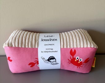 Neck roll / reading bone made of patterned cotton/canvas fabric (animal print) and soft wide corduroy, beige