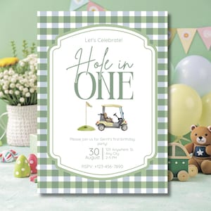 Convite de primeiro aniversário Hole In One: Festa de golfe (modelo editável do Canva)