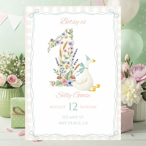 Convite de 1º aniversário da Silly Goose: Floral vintage, laço xadrez (download digital, modelo editável 5x7)