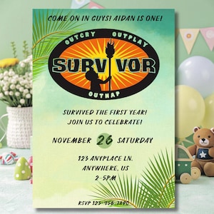 Convite de Aniversário de Sobrevivente: Modelo Editável no Canva (5x7) (Download Digital) Primeiro Aniversário