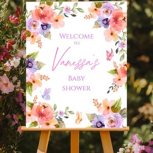 Baby Shower Welcome Sign Baby in Bloom Watercolor Wildflower Butterfly Floral Baby Girl Shower Printable Welcome Sign Template