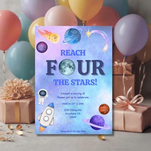 Reach Four the Stars Fourth birthday party digital invitation space birthday 4th bday invite astronaut planets galaxy rocket ship moon