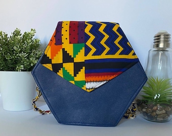 Sac bandoulière en  tissu africain et cuir, sac en imprimé wax, ankara bag,