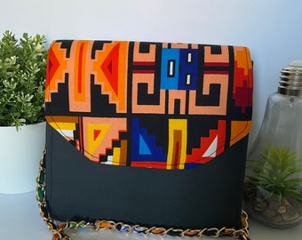 Sac à main en  tissu africain et cuir, sac à main en imprimé wax, ankara bag,