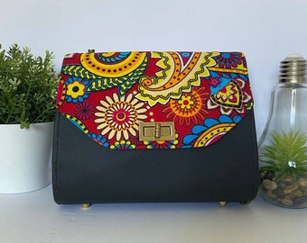 Sac à main en  tissu africain et cuir, sac à main en imprimé wax, ankara bag,