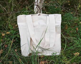 Tote Bag with Pockets.Canvas Shopping Bag.Beige Shopper bag.Reusable Grocery Bags.