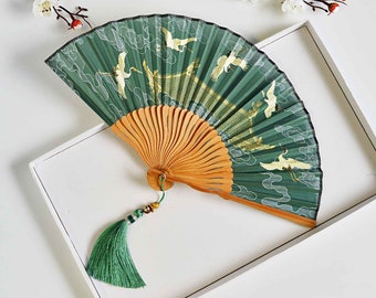 Crane Bamboo Hand Fan, Japanse Hand Hold Fan, Summer Prom Party Cosplay Fan, Chinese Hanfu Cos Folding Hand Fan, Wedding Shower Bridal Gift