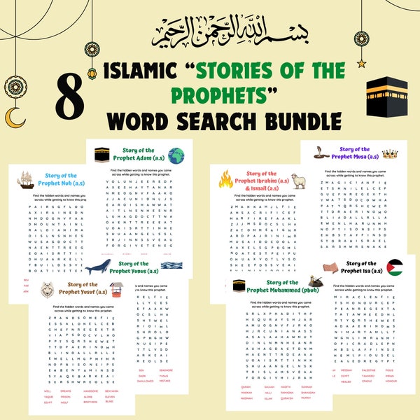 Islamic stories of the Prophets word search activity worksheets, kids Ramadan activities