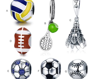 Charm for Bracelet, 925 Sterling Silver Charm Sports Balls Theme | Football | Badminton | Volleyball Charm Fits Pandora Bracelet Necklace