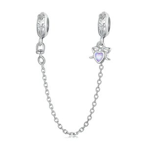 Bow Safety Chain Charm, Charm for Bracelet, 925 Sterling Silver Charm Fit Pandora Bracelets, Gift for Her