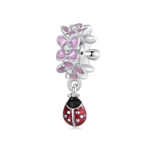 Flower Ladybug Spacer Bead Charm, Charm for Bracelet, 925 Sterling Silver Charm Fit Pandora Bracelets, Gift for Her