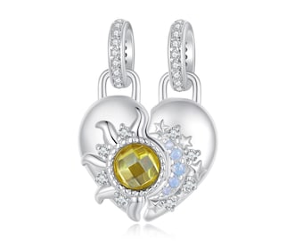 Sun and Moon Heart Pendant Charm, Charm for Bracelet, 925 Sterling Silver Charm Fit Pandora Bracelets, Gift for Her