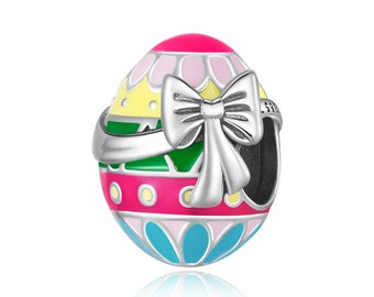 Charm for Bracelet, Easter Egg with Bow Pendant Chram, 100% Genuine 925 Sterling Silver Charm Fits Pandora Bracelet Necklace