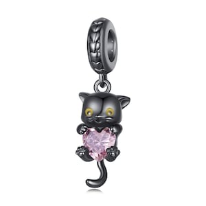 黒猫ビーズチャーム、ブレスレット用チャーム、925スターリングシルバーチャーム、パンドラブレスレットにフィット、彼女へのギフト