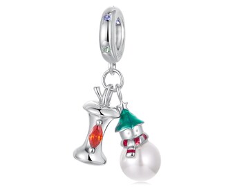 Weihnachten Schneemann Apfel Anhänger Charm, Charm für Armband, 925 Sterling Silber Charm, Geschenk für Sie