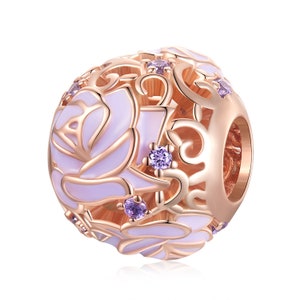 Purple Rose Hanging Bead Charm, Charm for Bracelet, 925 Sterling Silver Charm Fit Pandora Bracelets, Gift for Her