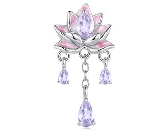 Pink Purple Lotus Tassel Silicone Beads Charm, Charm for Bracelet, 925 Sterling Silver Charm Fit Pandora Bracelets, Gift for Her