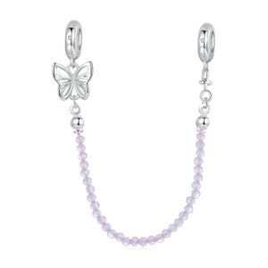 Purple Cat&#39;s Eye Safety Chain Charm, Charm for Bracelet, 925 Sterling Silver Charm Fit Pandora Bracelets, Gift for Her
