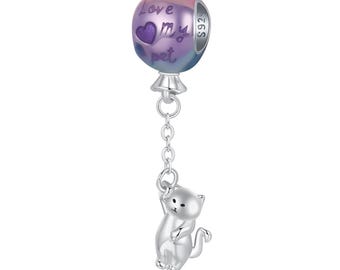 Flying Balloon Cat Charm, Charm for Bracelet, 925 Sterling Silver Charm Fit Pandora Bracelets, Gift for Her