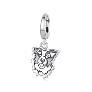 May include: A silver charm depicting a dog's head, possibly a Border Collie, with a smiling expression. The charm hangs from a silver clasp, designed for a bracelet or necklace. The dog's fur is detailed with shading, creating a textured appearance.