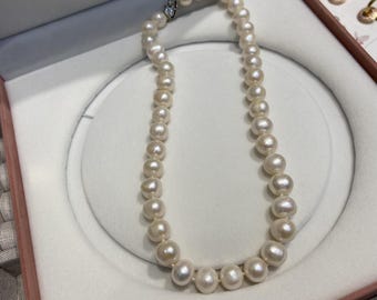 10-12mm Genuine Freshwater Pearl Necklace, Natural White Pearls, Classic Elegant Jewelry, Gift for Her