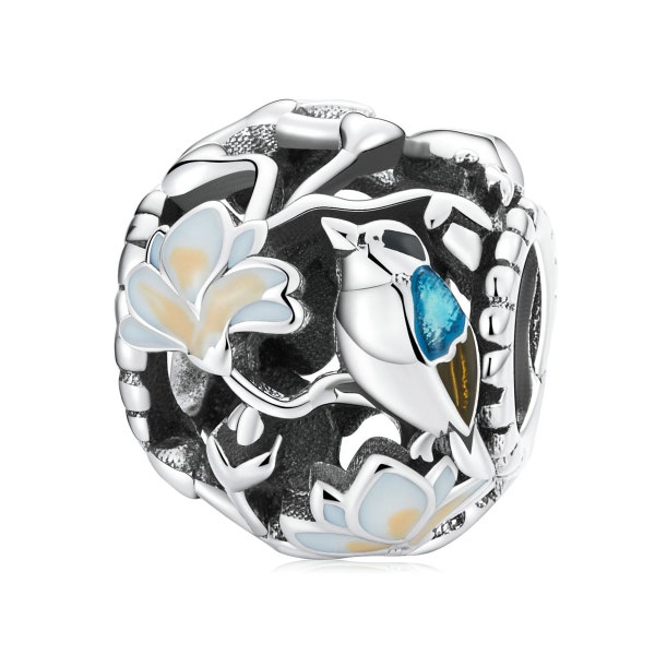 Charm for Bracelet, Flower & Bird Charm, 100% Genuine 925 Sterling Silver Charm Fits Pandora Bracelet Necklace, SCC2194
