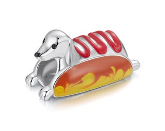 Hot Dog Dachshund Charm, Charm for Bracelet, 925 Sterling Silver Charm Fit Pandora Bracelets, Gift for Her