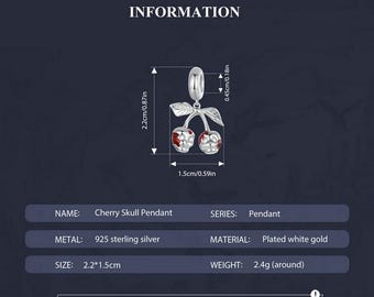 Cherry Skull Pendant Charm, Charm for Bracelet, 925 Sterling
