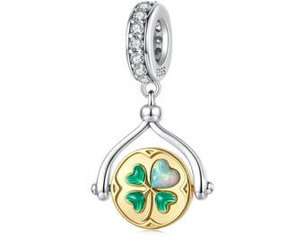 Zawieszka z wirującą, szczęśliwą, czterolistną koniczyną, zawieszka do bransoletki, zawieszka ze srebra próby 925, prezent dla niej