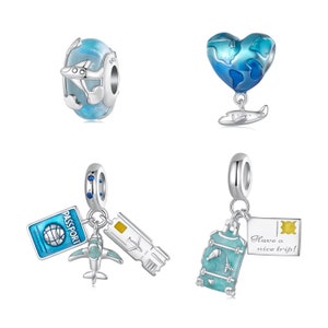 Traveling Airplane, Suitcase, Blue Earth & Airplane Charm, Charm for Bracelet, 925 Sterling Silver Charm Fit Pandora Bracelets, Gift for Her