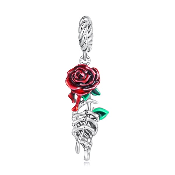 Blood Rose Pendant Charm, Charm for Bracelet, 925 Sterling Silver Charm Fit Pandora Bracelets, Gift for Her