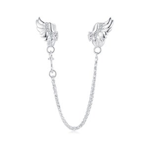 Wings Safety Chain Charm, Charm for Bracelet, 925 Sterling Silver Charm Fit Pandora Bracelets, Gift for Her