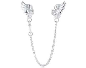 Wings Safety Chain Charm, Charm for Bracelet, 925 Sterling Silver Charm Fit Pandora Bracelets, Gift for Her