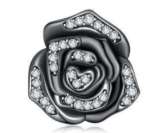 Midnight Rose Silikon Beads Anhänger, Anhänger für Armband, 925 Sterling Silber Charm, Geschenk für Sie
